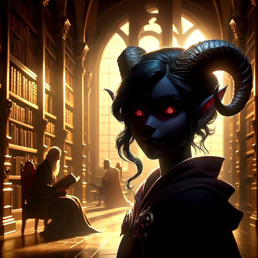 In a sunlit library within Mirrormere, a young tiefling girl, Seraphina, is depicted entirely as a silhouette with distinct tiefling horns, characteristic of her race. Her features are nearly hidden, except for crimson red eyes and dark blue hair, visible in the silhouette. She has a mischievous grin on her face. The library is bathed in golden sunlight, casting shadows over shelves filled with ancient books. The scene captures Seraphina's silhouette observing a scholarly visitor, Eldrin, as he reads her manuscript. The setting conveys a sense of intellectual curiosity and strategic thinking, with Seraphina's silhouette symbolizing her emerging wit and creativity.