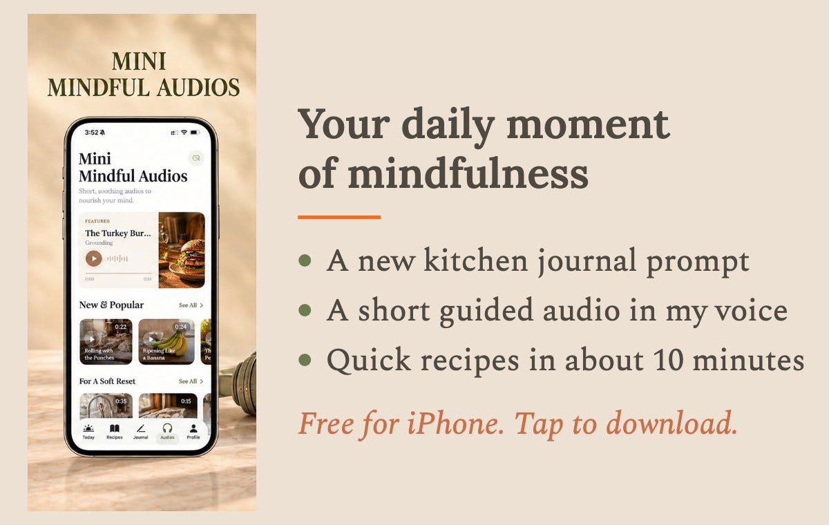 The free Cooking Therapy app for iPhone: a daily kitchen journal prompt, short guided audios and quick recipes The free Cooking Therapy app for iPhone: a daily kitchen journal prompt, short guided audios and quick recipes