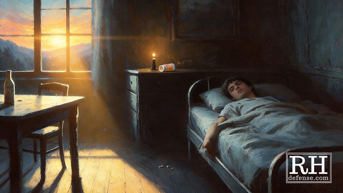 A dim bedroom at dawn: a young man lies motionless on a narrow bed, one arm hanging down, as sunlight spills through a window. An empty pill bottle rests on a dresser beside a candle; scattered pills lie on the floor, suggesting the finality of the action.
