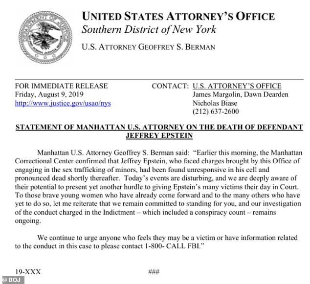 A federal statement announcing Jeffrey Epstein¿s death has surfaced with a date of August 9, 2019 - one day before he was officially found dead