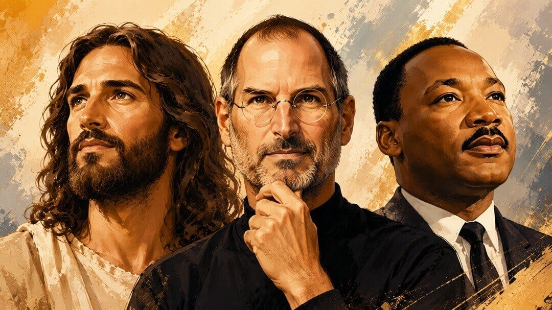 iludtração estilizada de Jesus Cristo - Steve Jobs - Martin Luther King Jr 