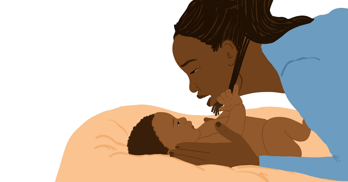 Illustration of a mother wearing a long-sleeved blue top, face to face with her baby resting on a cushion Illustration of a mother wearing a long-sleeved blue top, face to face with her baby resting on a cushion