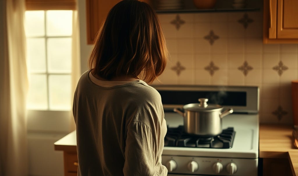 Wide shot of a slightly lived-in home kitchen with warm, natural lighting. View from behind of a woman (left of frame) standing at the stove, her face not visible. Wide shot of a slightly lived-in home kitchen with warm, natural lighting. View from behind of a woman (left of frame) standing at the stove, her face not visible.