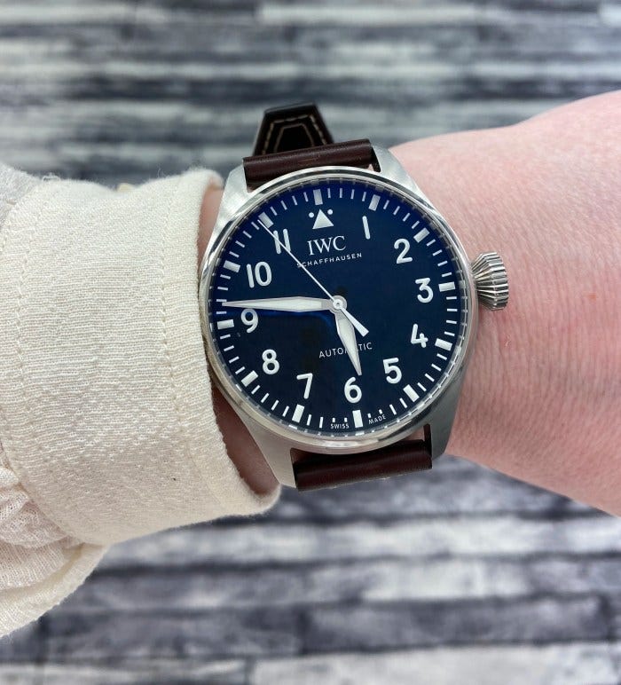 The IWC Big Pilot’s 43 on our CEO’s wrist. Photo: Kathleen McGivney The IWC Big Pilot’s 43 on our CEO’s wrist. Photo: Kathleen McGivney