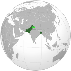 Land controlled by the Dominion of Pakistan shown in dark green; land claimed but not controlled shown in light green Land controlled by the Dominion of Pakistan shown in dark green; land claimed but not controlled shown in light green