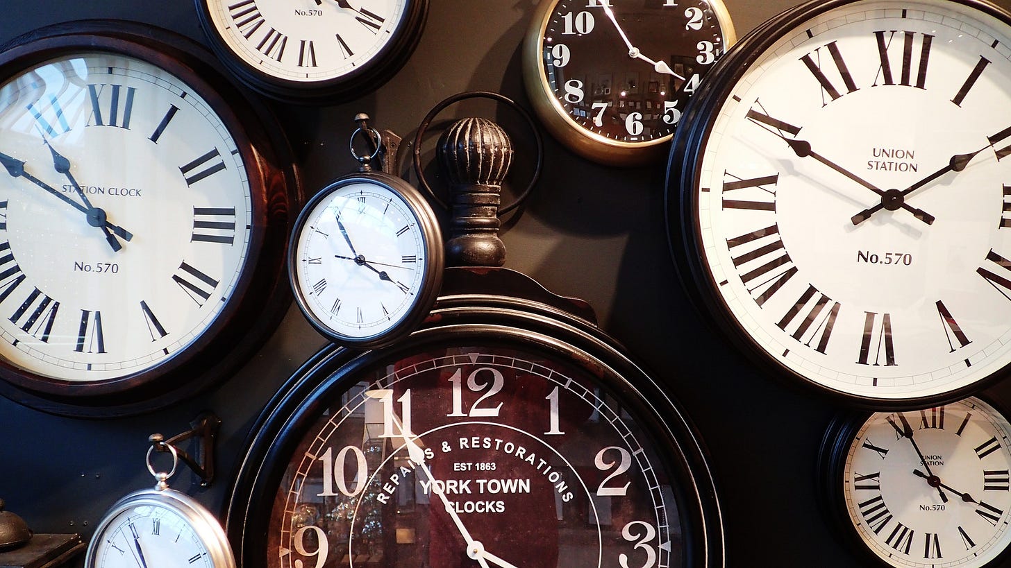 Several analog clocks on a wall