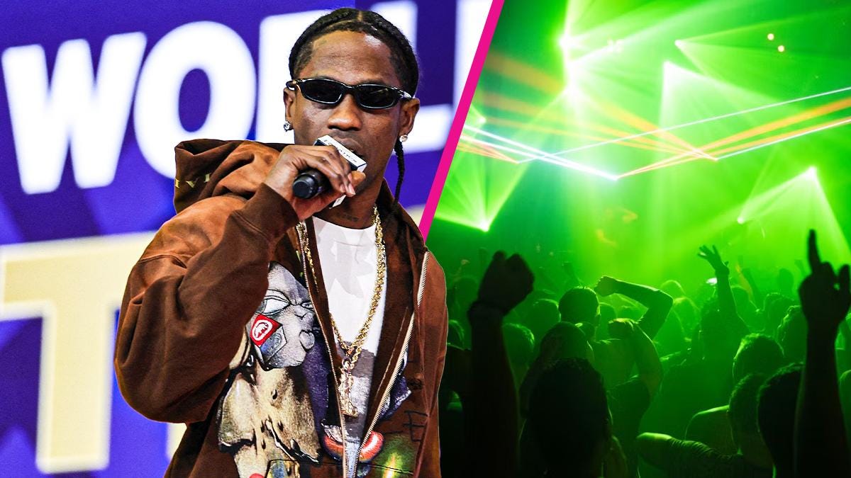 Composite photo of Travis Scott and nightclub. Composite photo of Travis Scott and nightclub.
