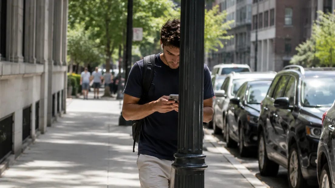 A man looking at his phone about to walk into a lamppost A man looking at his phone about to walk into a lamppost