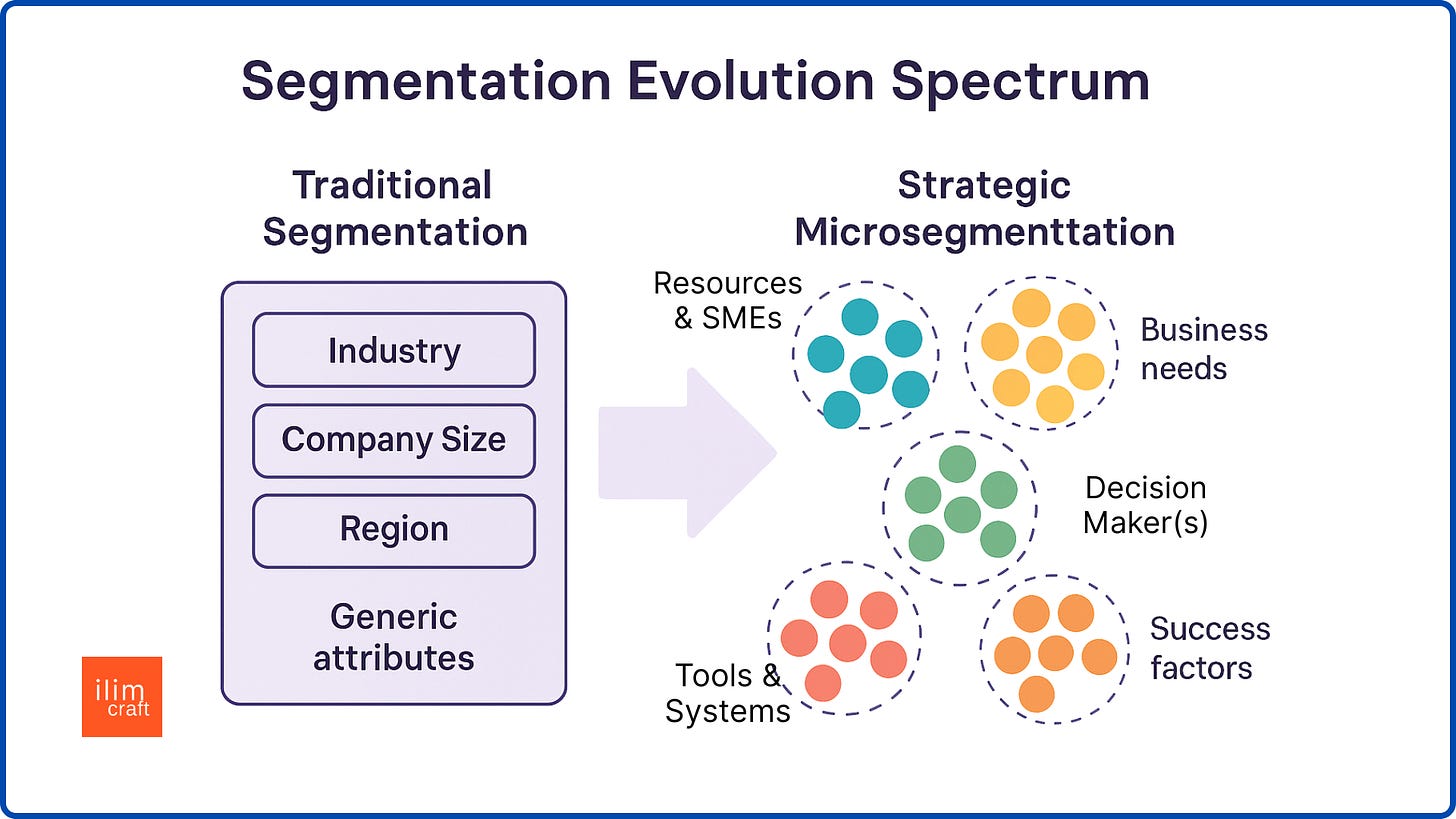 A diagram illustrating the evolution from traditional segmentation based on industry and company size to strategic microsegmentation based on customer behaviors, needs, and success factors. The visual shows a transition from broad, generic categories on the left to specific, color-coded microsegments on the right.