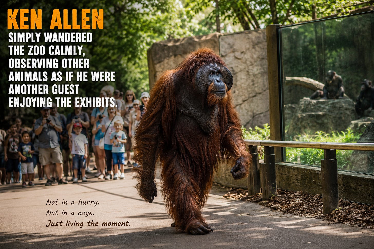 AI generated illustration inspired by the remarkable story of Ken Allen, the orangutan who famously escaped his enclosure at the San Diego Zoo and calmly wandered the zoo like a curious visitor exploring the exhibits.