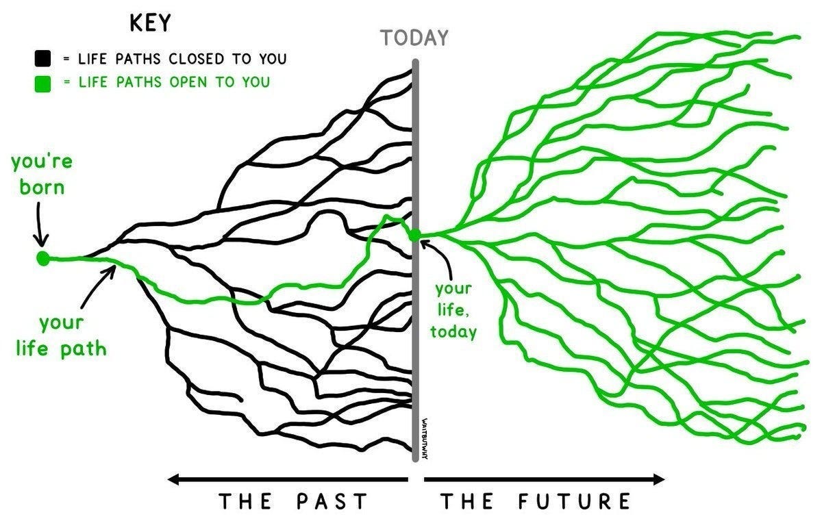 Tim Urban, Wait But Why. Every black line is a path that's closed. Every green line is still open. Tim Urban, Wait But Why. Every black line is a path that's closed. Every green line is still open.