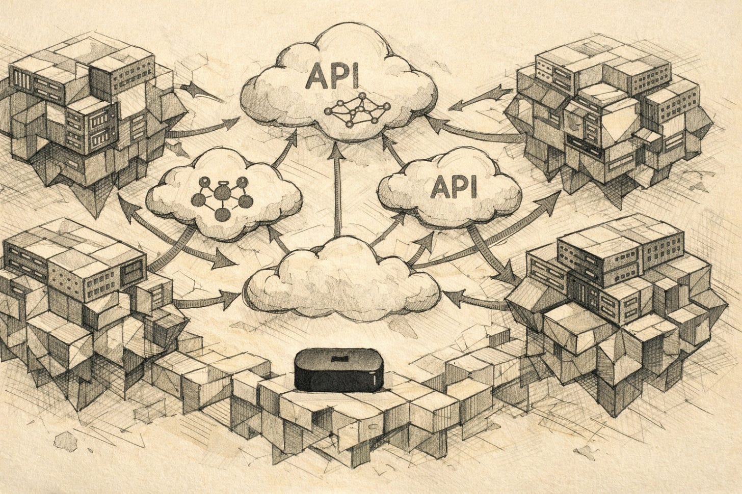 OpenClaw VPS architecture illustration: cheap server orchestrating frontier model APIs for AI for small business.