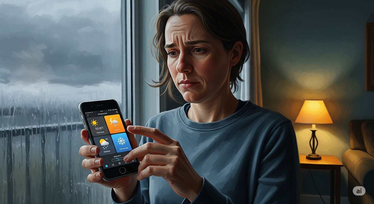 A concerned-looking person stands by a window on a rainy day, holding a phone showing conflicting weather forecasts. The room is warmly lit with a lamp in the background. A concerned-looking person stands by a window on a rainy day, holding a phone showing conflicting weather forecasts. The room is warmly lit with a lamp in the background.
