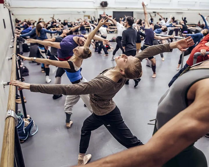Two images of the NYCB, on the left company class, on the right two dancers performing The Four Temperaments.