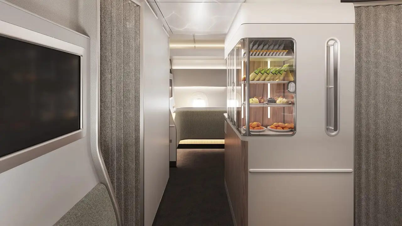 Qantas A350 Wellbeing Zone onboard refreshment area with self-serve snack bar, soft lighting and modern cabin design.
