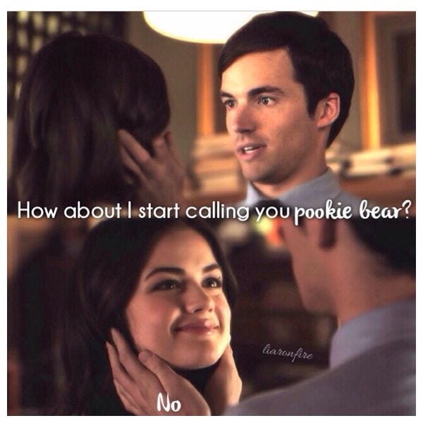 This may contain: a man and woman are talking to each other with the caption that says, how about start calling you pokie bear?