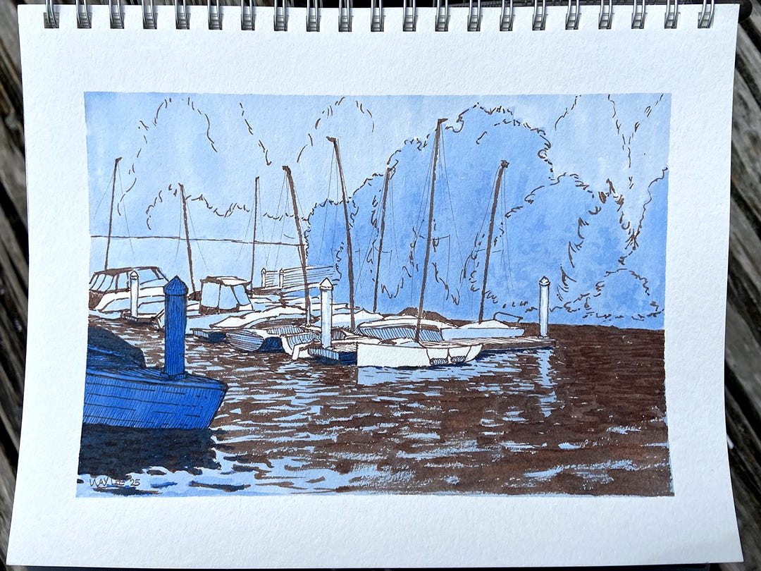 A blue and brown ink drawing of small boats moored in a marina, with trees in the background.