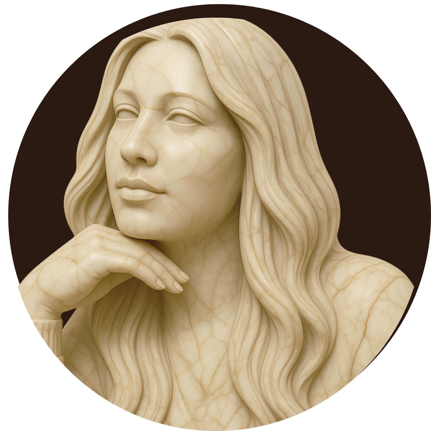 Marble sculpture of Geneèn Wright in a thinker's pose, chin resting on her hand, set against a dark brown circular background. Marble sculpture of Geneèn Wright in a thinker's pose, chin resting on her hand, set against a dark brown circular background.