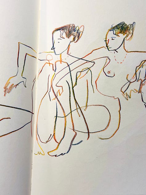 Multicolour pencil drawing of life models