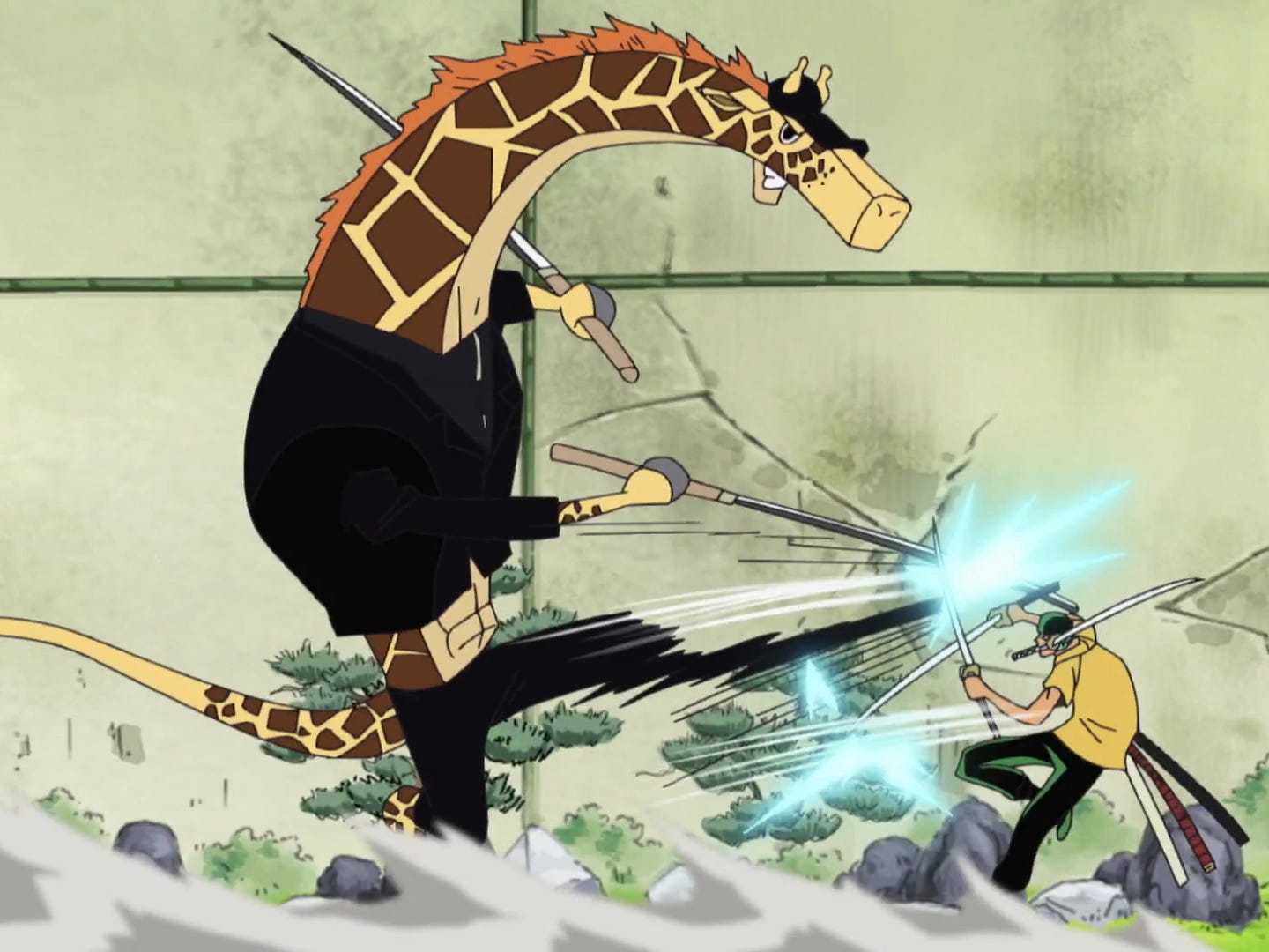 Personagem do desenho One Piece que se transforma em girafa em uma luta de espadas contra outro personagem