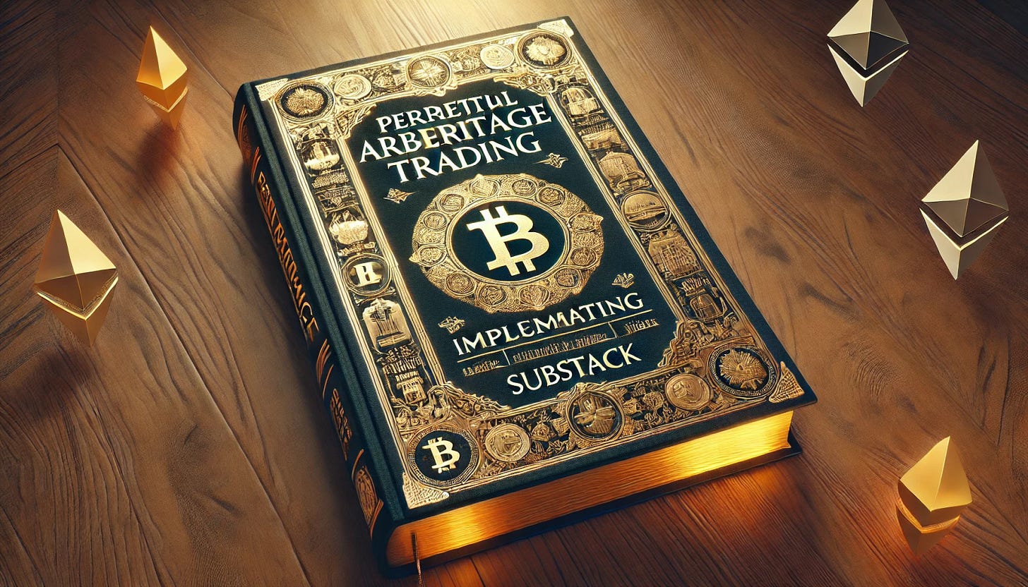 Create a more glorious and grand cover image for a Substack article about implementing a trading algorithm, in landscape format. The cover should resemble a prestigious, 'holy grail' textbook on perpetual arbitrage for cryptocurrency, sitting on a luxurious wooden table. The book design should be ornate, with gold accents, intricate borders, and a bold title that reads 'Perpetual Arbitrage Trading' in an elegant, commanding font. Include subtle, refined crypto-themed symbols like Bitcoin and Ethereum logos, and trading charts. The lighting should be dramatic, casting a warm, radiant glow on the book, emphasizing its grandeur and importance.