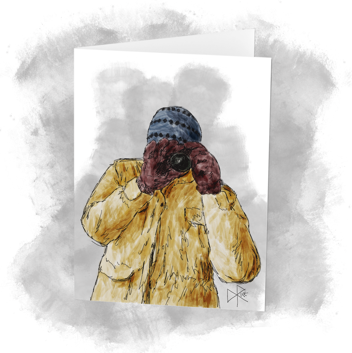 Looking through the viewfinder, face obscured and fully covered in a winter coat, gloves and hat - a figure points a single-lens reflex camera at the viewer. Sketch art by Don Rice.