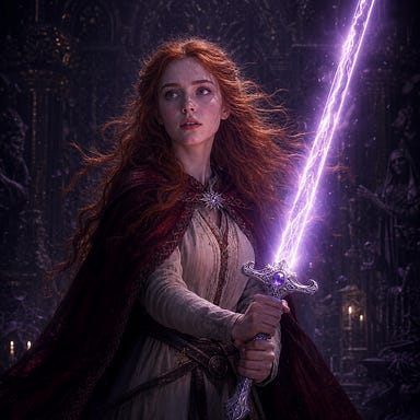 Ireena Kolyana holding the Brightblade ignited with lavender light: a young woman with fiery red hair in loose, wind-tossed waves, fair skin with a faint rose undertone, and wide storm-colored eyes. She stands in the Amber Temple’s dim vault, illuminated by the lavender glow of the blade. The Brightblade is not steel but a luminous lavender arc of soul-light extending from a platinum hilt with a sapphire core. Her expression is resolute yet gentle, embodying quiet defiance and hope. Her clothing is practical Barovian garb—crimson cloak, off‑white tunic, silver sunburst clasp. The scene is atmospheric, gothic, and reverent, without resembling any real person.