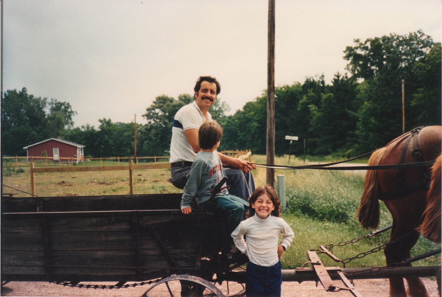 a dark-haired man with a mustache in a short sleeve white shirt sitting on an old wooden manure spreader, holding the reins of a pair of auburn Belgian workhorses. a young child sits next to him turned away from the camera. another child faces the photographer with a big smile. a dark-haired man with a mustache in a short sleeve white shirt sitting on an old wooden manure spreader, holding the reins of a pair of auburn Belgian workhorses. a young child sits next to him turned away from the camera. another child faces the photographer with a big smile.