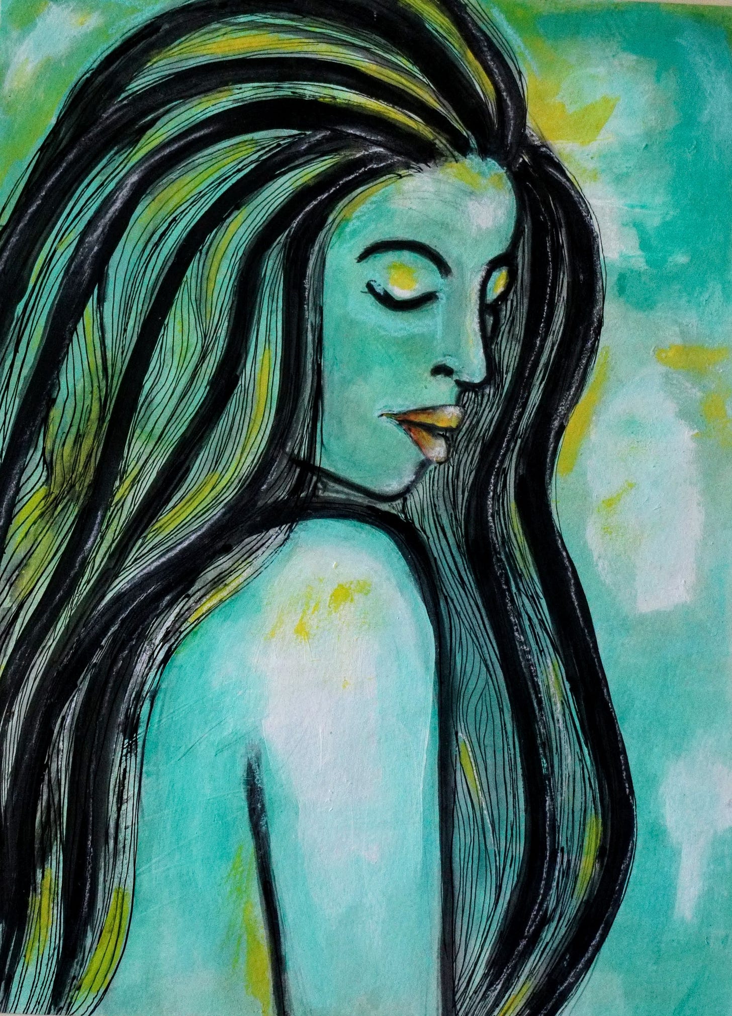 Painting of a three quarter profile of a blue woman with long hair Painting of a three quarter profile of a blue woman with long hair