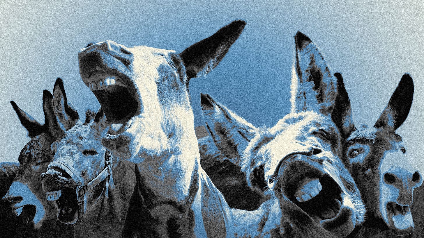 Illustration of a group of five angry-looking donkeys, braying.