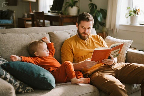 "Candid photo of a father and toddler reading on a couch, toddler leaning back mid-stretch." - by GPT-4o, Imagen 4, and Seedream 3.0 image models