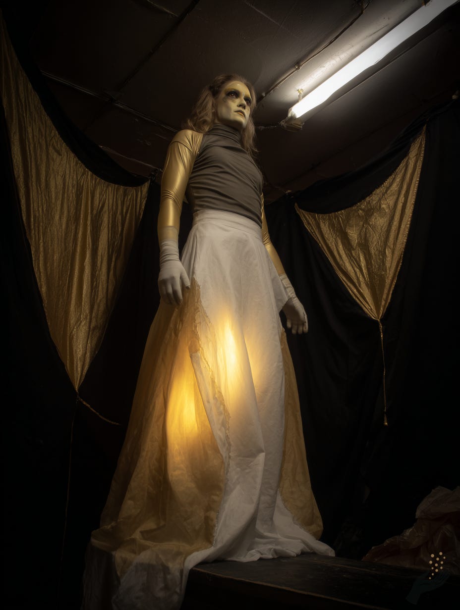 Surreal artwork of a woman in a pale dress beneath dark drapery with warm glowing light shining through the lower skirt. 