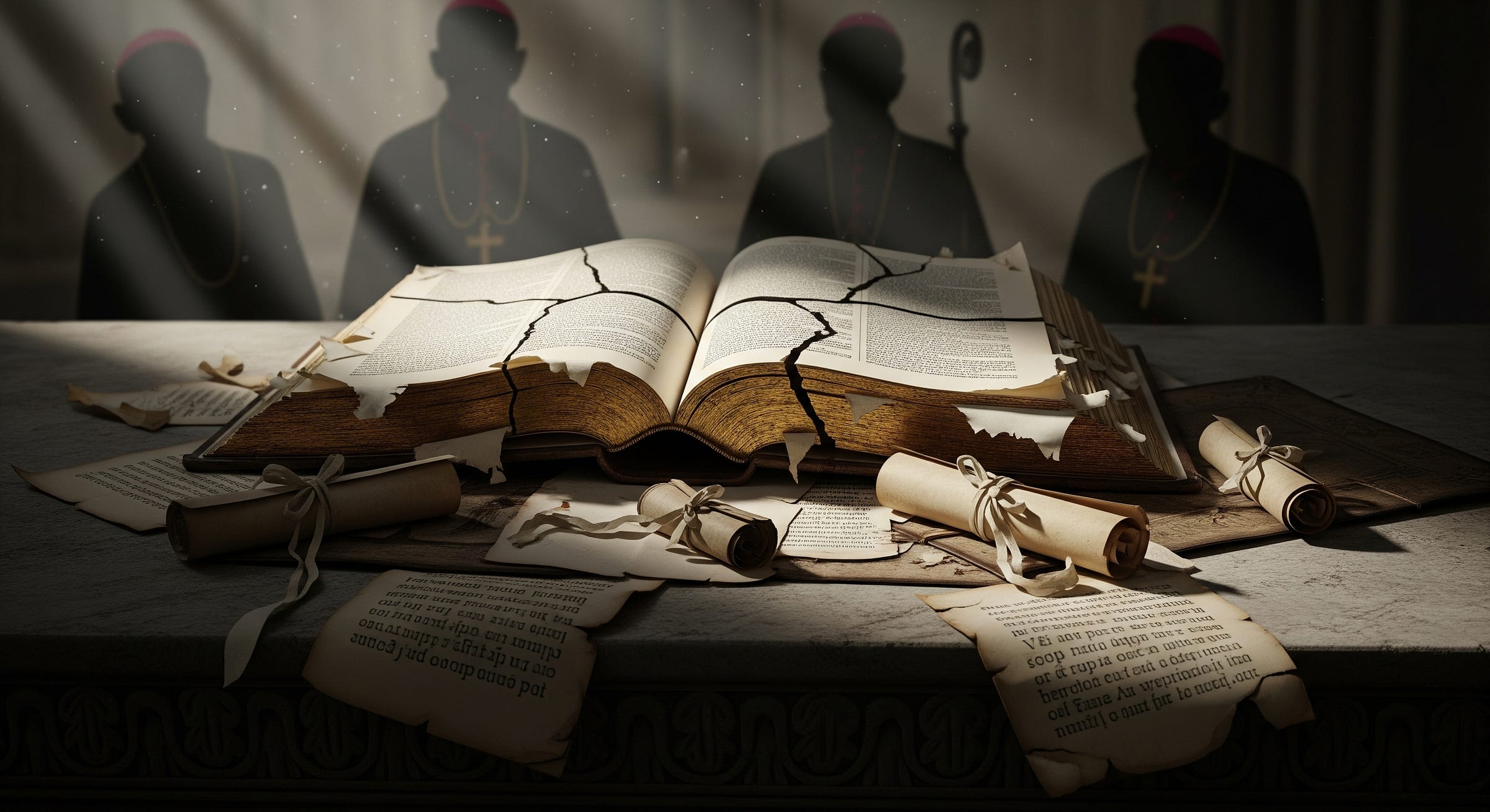 An old Bible with torn golden pages lying on stone, surrounded by fragments of ancient scrolls, symbolizing lost and hidden scriptures erased from history. An old Bible with torn golden pages lying on stone, surrounded by fragments of ancient scrolls, symbolizing lost and hidden scriptures erased from history.