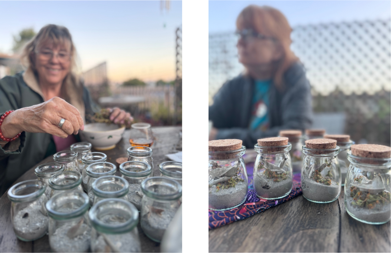 Two photos. Left: Amber's mom, Bonnie, smiles as she adds some flowers to the small glass jars. Right: The background is out of focus. In the foreground are a line of some of the small, finished keepsake urns.