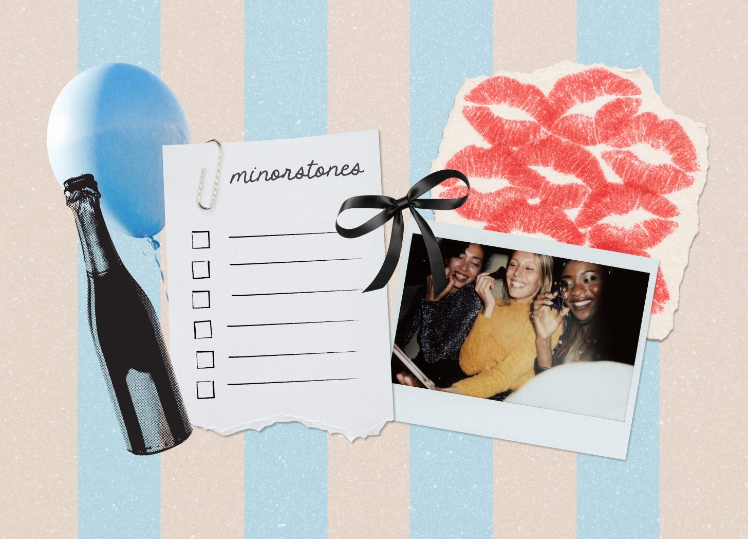 A collage showing a blue balloon, a polaroid, and a bottle of champage on a striped background
