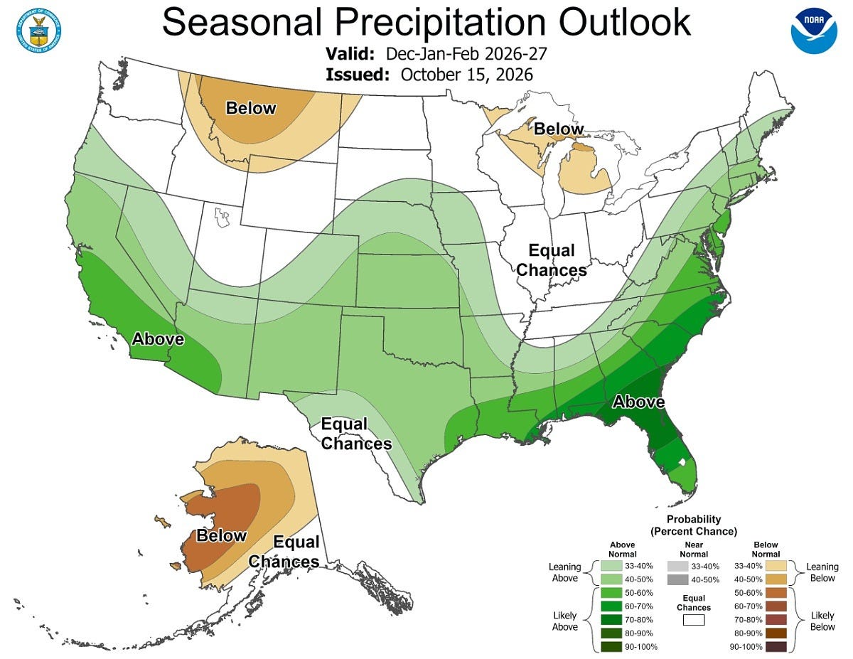 The precipitation outlook for December 2026 through February 2027. Image: NOAA