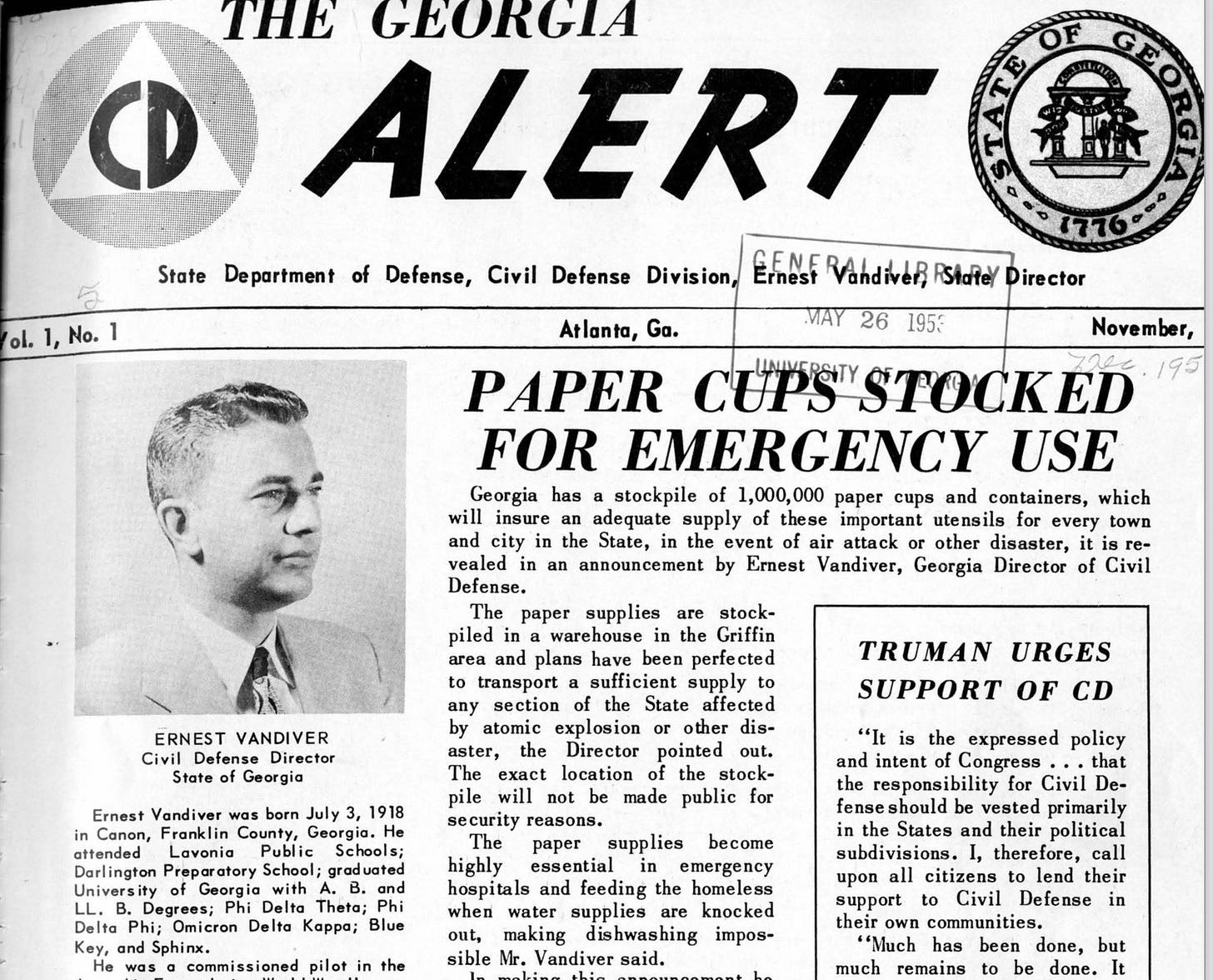 Screenshot of the top fold cover page of "The Georgia Alert," vol. 1, no. 1, put out by the US State of Georgia, Civil Defense Division, Atlanta, Georgia (USA), November 1951.  The main headline is: "PAPER CUPS STOCKED FOR EMERGENCY USE."