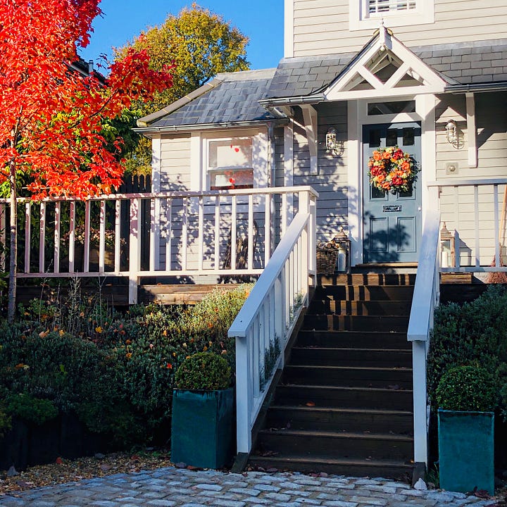 Weatherboard White House surrounded by red maple