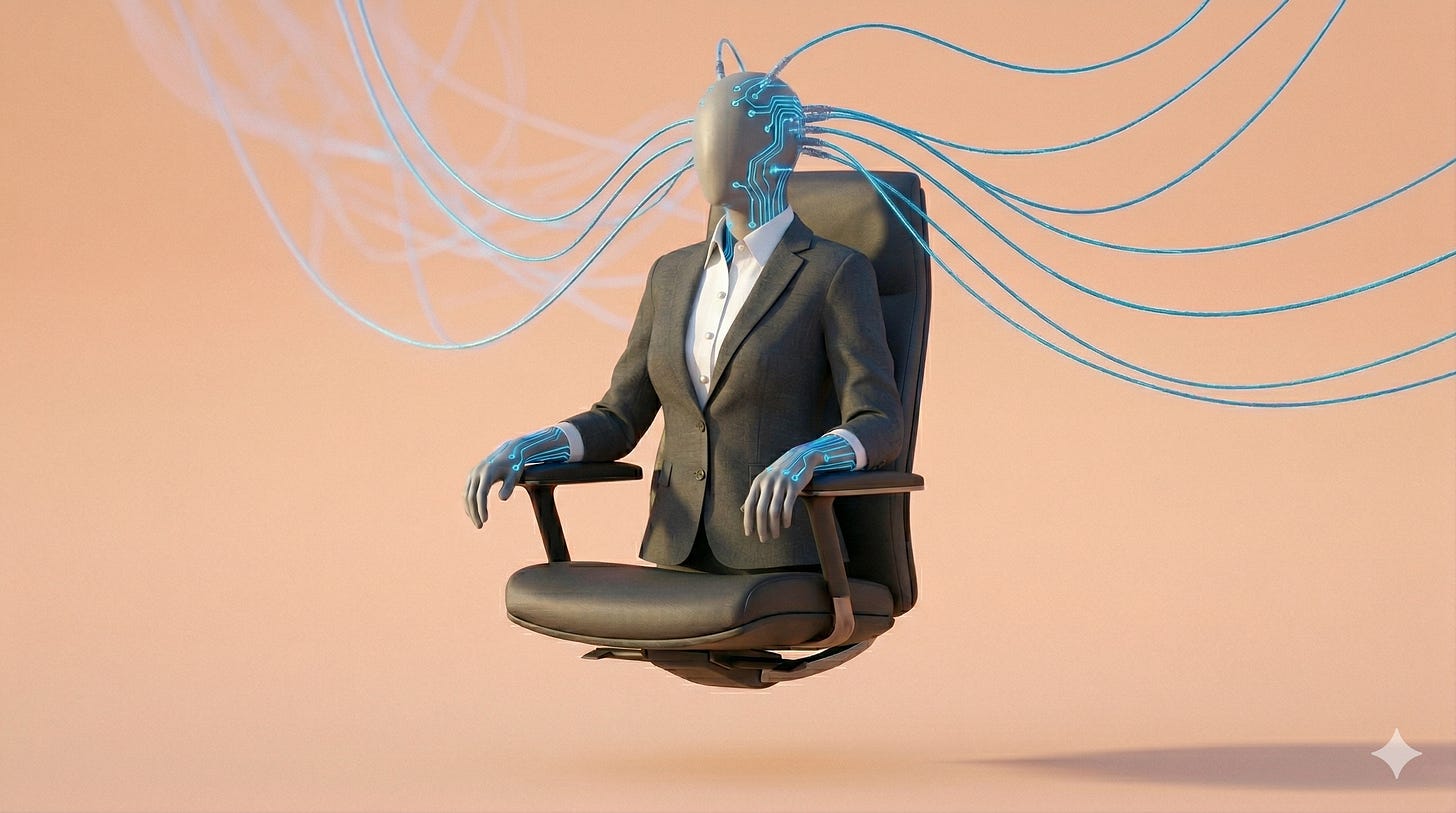 Mannequin seated in floating exec chair with blue circuit traces flowing into arms and head — red team AI fraud defense | Leadership in Change by Joel Salinas