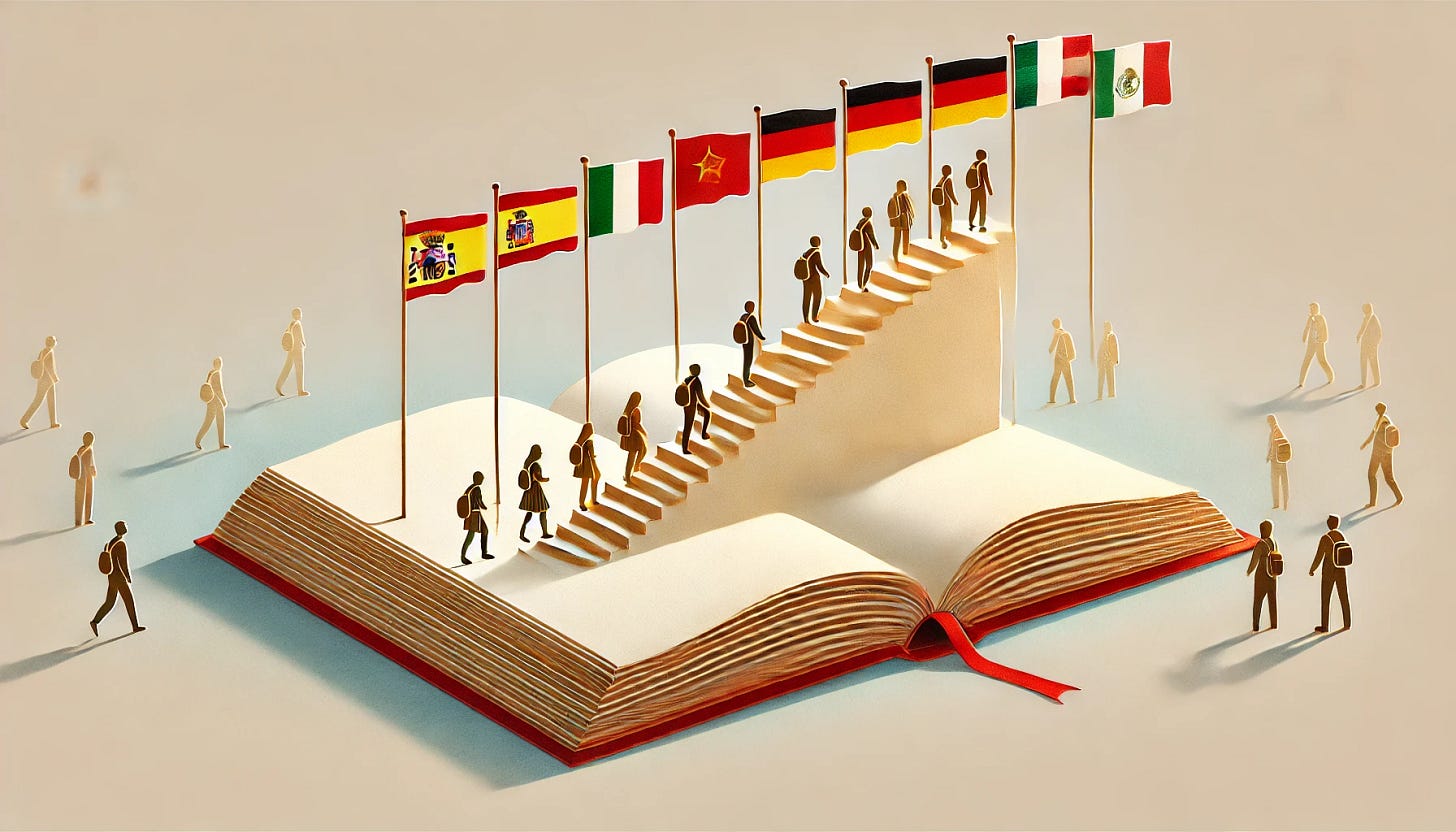 A minimalist watercolor-style illustration featuring an open book transforming into a staircase reaching into the sky, symbolizing education and opportunity. Small, accurately drawn flags of Spain, Portugal, Germany, and Mexico are arranged neatly above the staircase. Diverse, minimalist figures of students are climbing the stairs, symbolizing progress and growth. The background is clean, with soft gradients blending light pastel tones of red, gold, and blue. The design focuses on simplicity, elegance, and subtle details, evoking hope and determination.