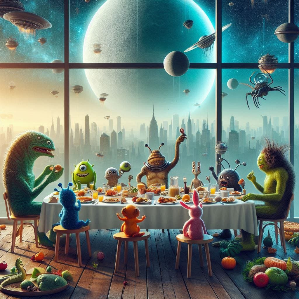 Breakfast for monsters sitting around a big table, enjoying their meal of alien delicacies with an alien landscape visible through the window