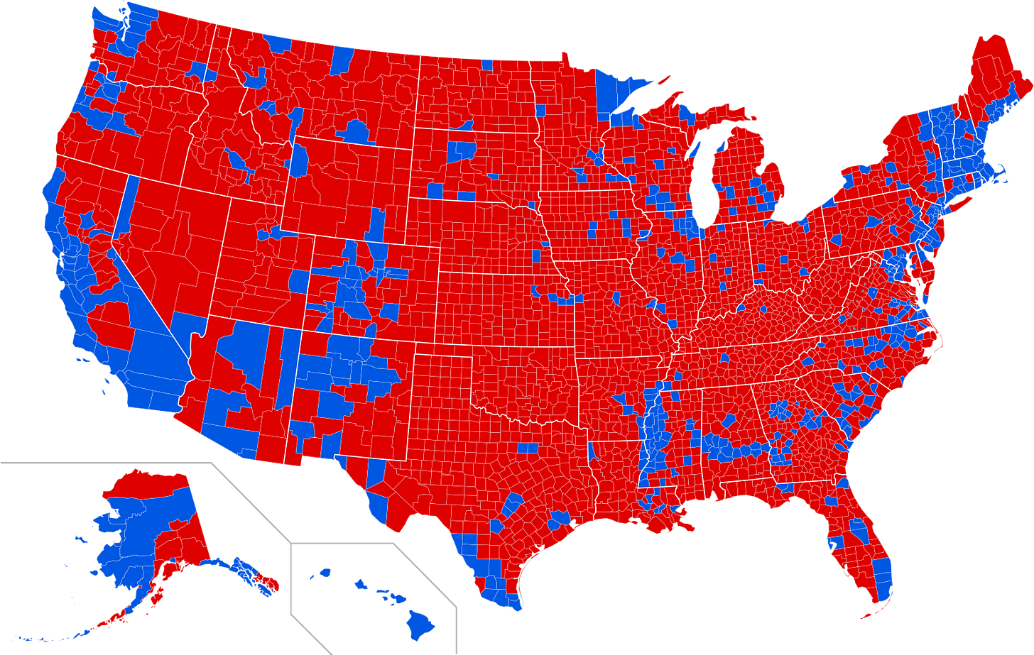 U.S. presidential election map showing sea of red in rural counties U.S. presidential election map showing sea of red in rural counties