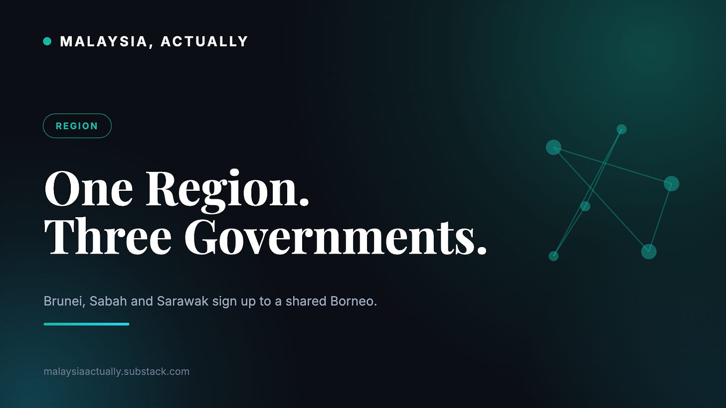 Teal title card reading One Region Three Governments, with a connected node network and the Malaysia, Actually masthead