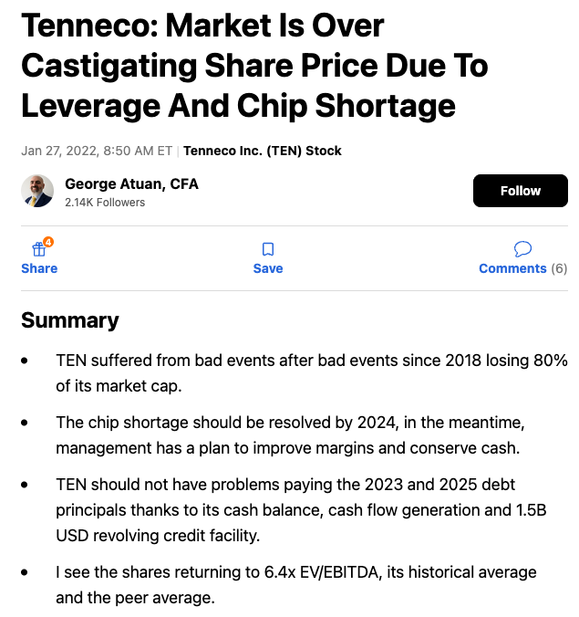 My 2022 Seeking Alpha thesis on Tenneco, the over-levered, beaten-up industrial Apollo bought out weeks later. The same deep-value, takeout-optionality setup I see today in RYAM (Rayonier Advanced Materials). Source: Seeking Alpha, George Atuan CFA, Jan 2022. My 2022 Seeking Alpha thesis on Tenneco, the over-levered, beaten-up industrial Apollo bought out weeks later. The same deep-value, takeout-optionality setup I see today in RYAM (Rayonier Advanced Materials). Source: Seeking Alpha, George Atuan CFA, Jan 2022.