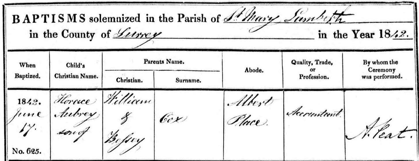 The 1842 baptism record from St. Mary Lambeth Parish in the County of Surrey for Horace Aubrey Cox, noting his father William Cox who lived at Albert Place. The 1842 baptism record from St. Mary Lambeth Parish in the County of Surrey for Horace Aubrey Cox, noting his father William Cox who lived at Albert Place.