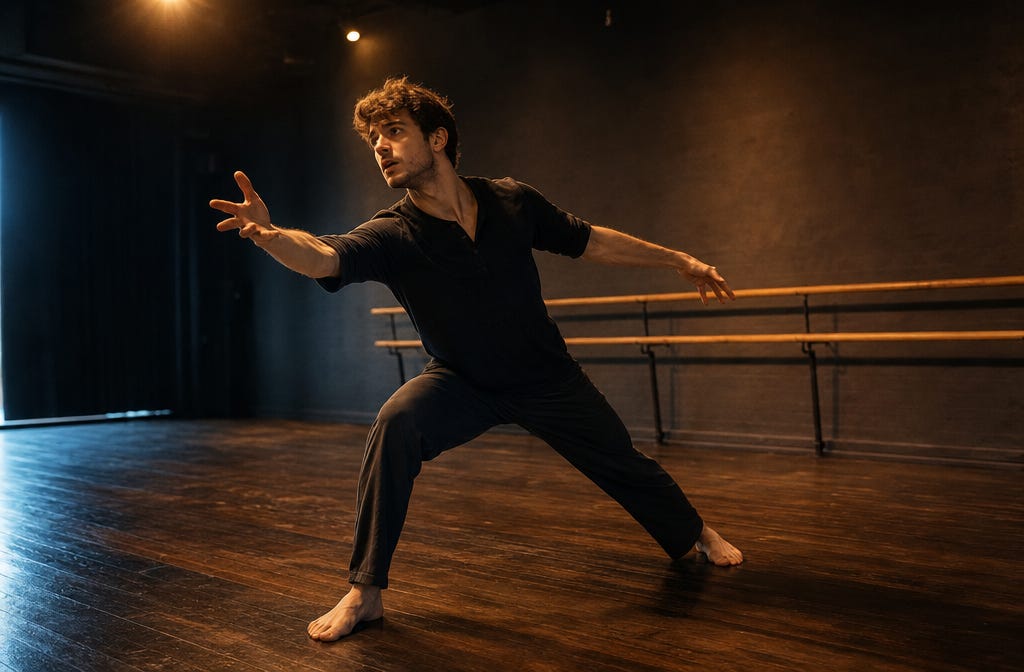 A solo actor caught mid-movement in a dramatic rehearsal studio with wooden floors and warm overhead light