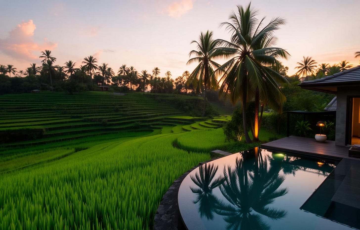 Bali rice terraces at sunset with a villa pool in the foreground