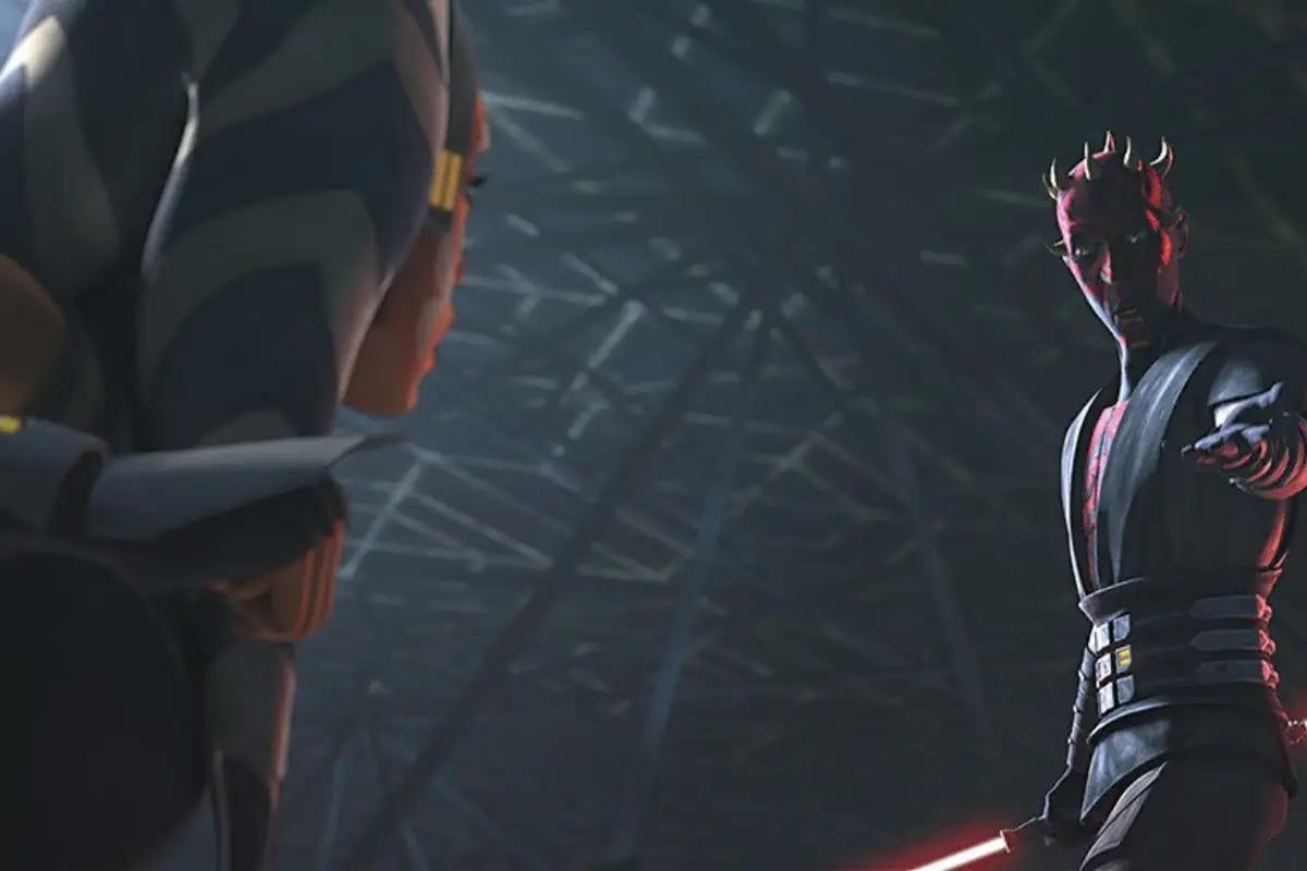 Maul and Ahsoka aboard the 'Tribunal' in the final season of 'The Clone Wars.'