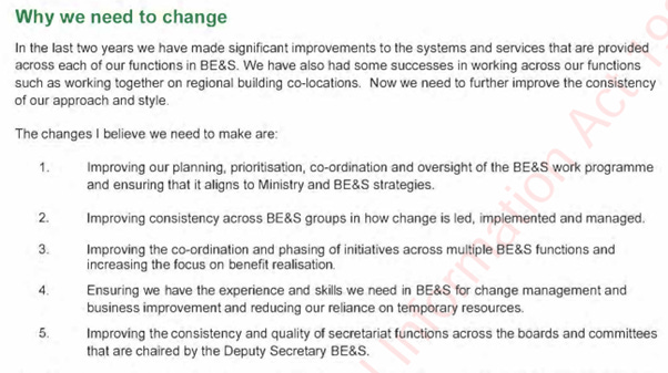 A screenshot of a restructure document that is titled "why we need to change". The text lists in a few bullet points items like "Imrpvoing our planning, prioritisaion, coordination (...) and esnuring that it aligns the the MInistries strategic priorities", or "Ensuring we have the right capability in the team". A screenshot of a restructure document that is titled "why we need to change". The text lists in a few bullet points items like "Imrpvoing our planning, prioritisaion, coordination (...) and esnuring that it aligns the the MInistries strategic priorities", or "Ensuring we have the right capability in the team".
