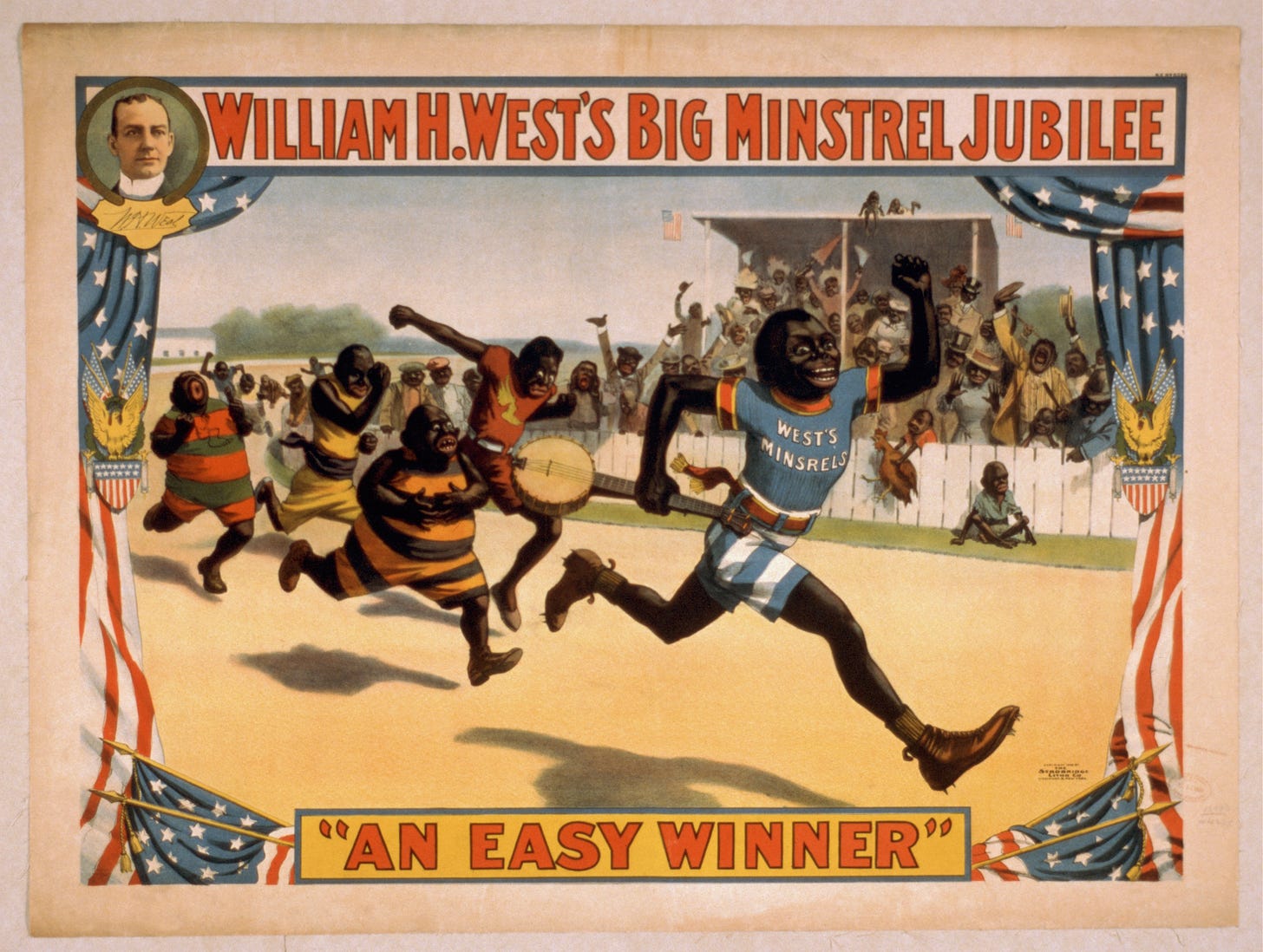 Historical lithograph showcasing several ape-like black characters running in a race with exaggerated expressions of exhaustion. The winning runner is smiling while holding a banjo. Text reads: William H. West’s Big Minstrel Jubilee. “An Easy Winner”.